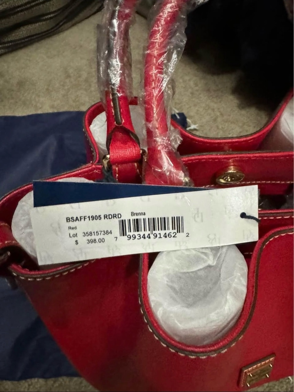 Dooney & Bourke Red Saffiano Leather Tote with Gold Plaque - Picture 3 of 5